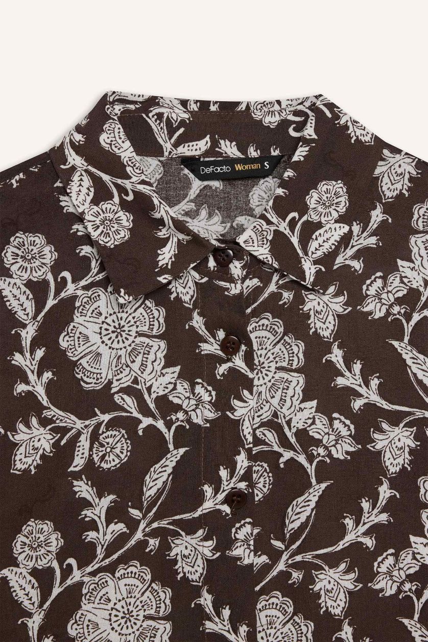 Woman Brown Loose Fit Shirt Collar Long Sleeve Tunic