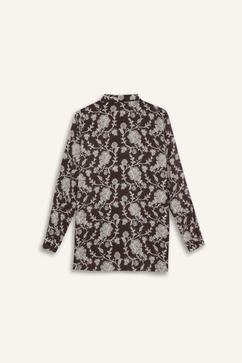 Woman Brown Loose Fit Shirt Collar Long Sleeve Tunic