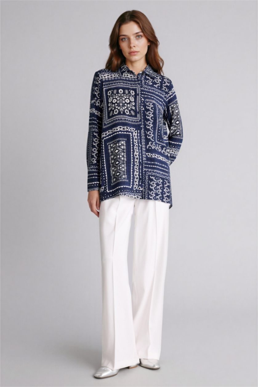 Kadın Lacivert Loose Fıt Gömlek Yaka Baskılı Uzun Kollu Tunik