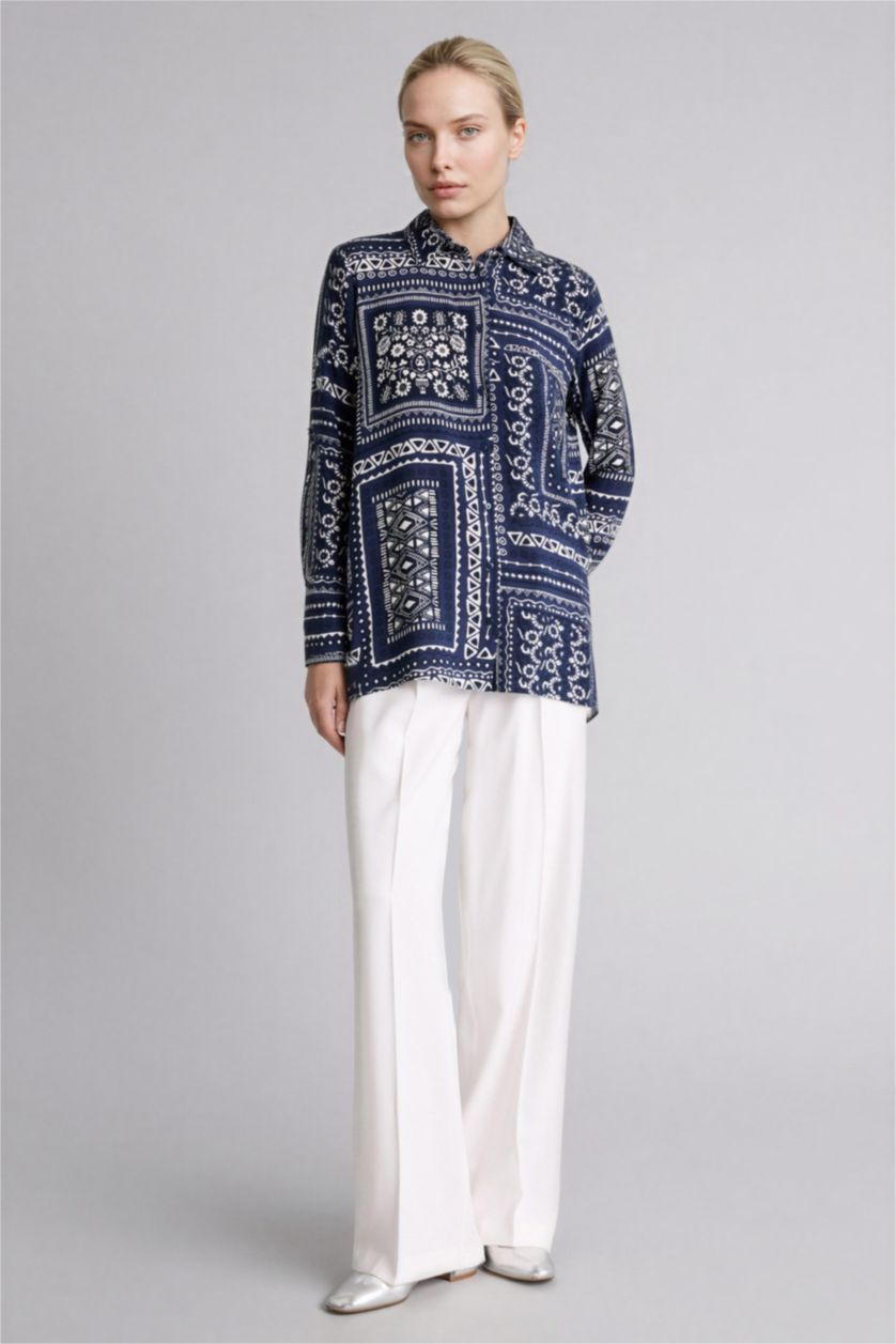 نساء كحلي تونيكة كم طويل مطبوعة قصة فضفاضة برقبة قميص