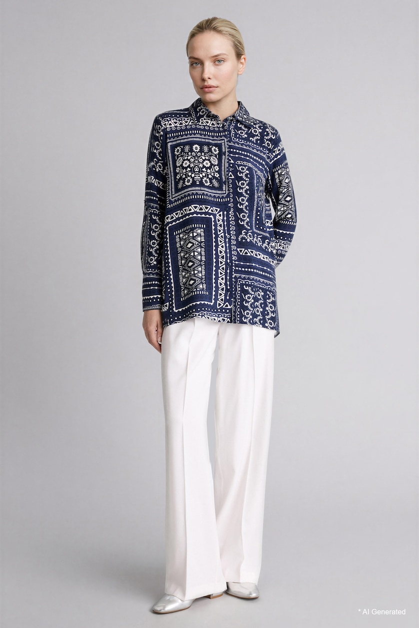 Woman NAVY Loose Fit Shirt Collar Printed Long Sleeve Tunic