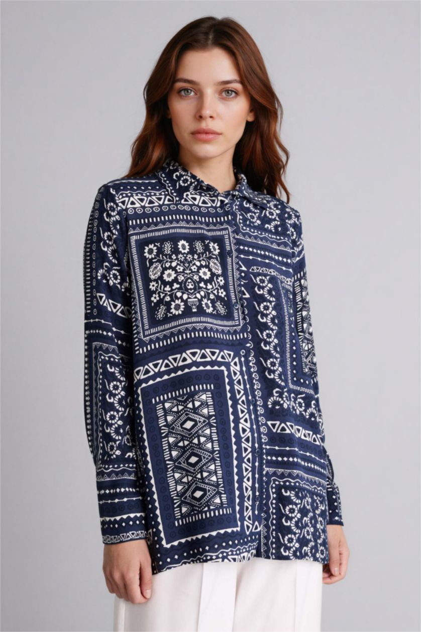Kadın Lacivert Loose Fıt Gömlek Yaka Baskılı Uzun Kollu Tunik