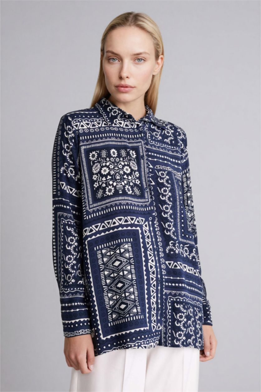 نساء كحلي تونيكة كم طويل مطبوعة قصة فضفاضة برقبة قميص