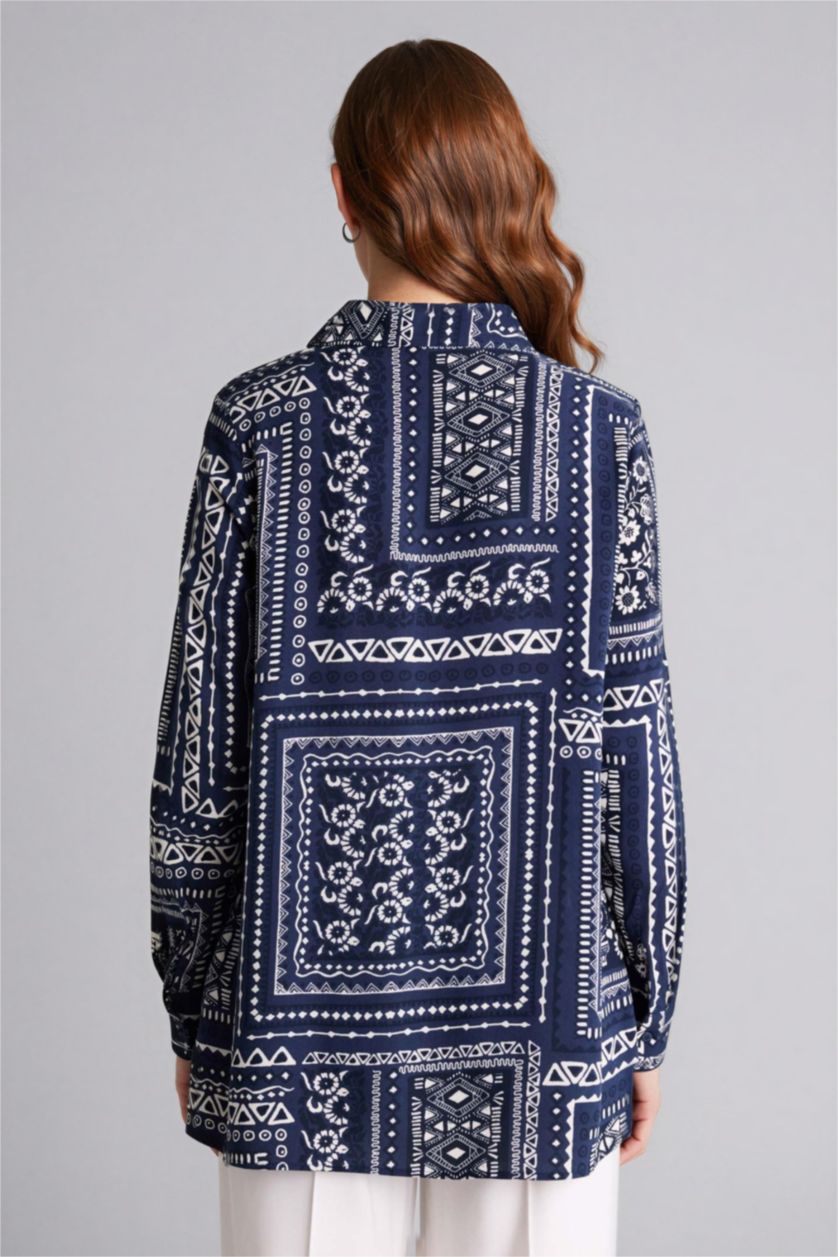 Kadın Lacivert Loose Fıt Gömlek Yaka Baskılı Uzun Kollu Tunik
