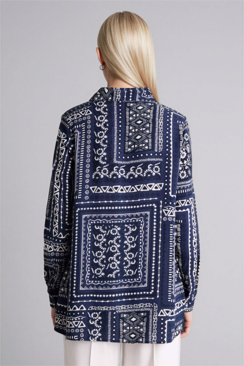 نساء كحلي تونيكة كم طويل مطبوعة قصة فضفاضة برقبة قميص