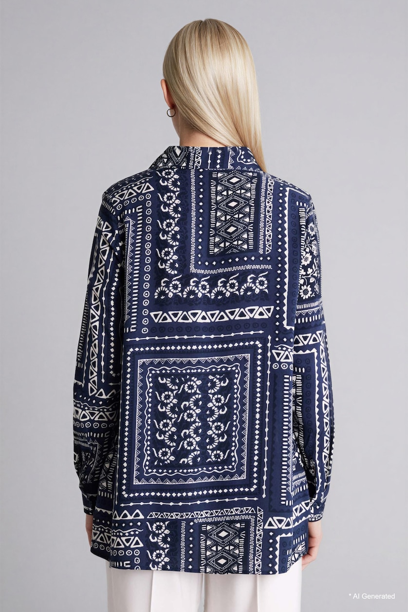 Woman NAVY Loose Fit Shirt Collar Printed Long Sleeve Tunic