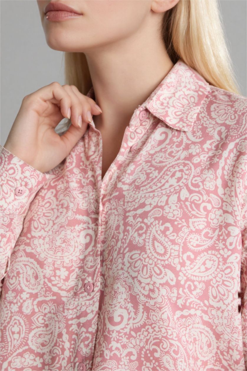 Kadın Açık Pembe Loose Fıt Gömlek Yaka Baskılı Uzun Kollu Tunik