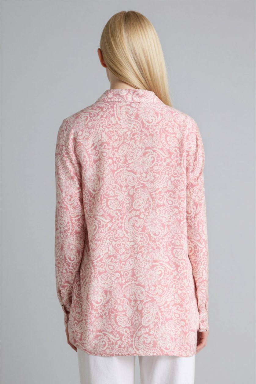 Kadın Açık Pembe Loose Fıt Gömlek Yaka Baskılı Uzun Kollu Tunik