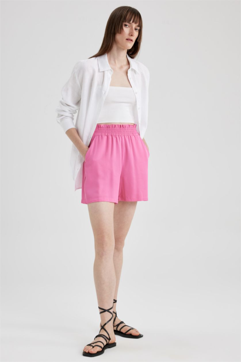 Kadın Fuşya Paperbag Yüksek Bel Geniş Paça Viskon Şort