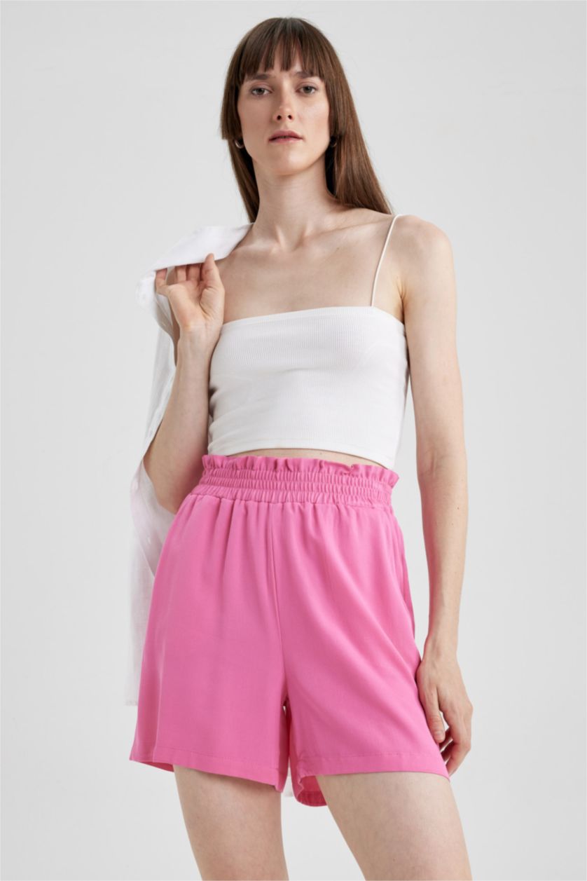 Kadın Fuşya Paperbag Yüksek Bel Geniş Paça Viskon Şort