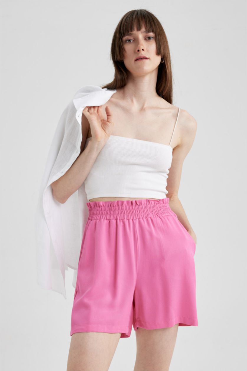 Kadın Fuşya Paperbag Yüksek Bel Geniş Paça Viskon Şort