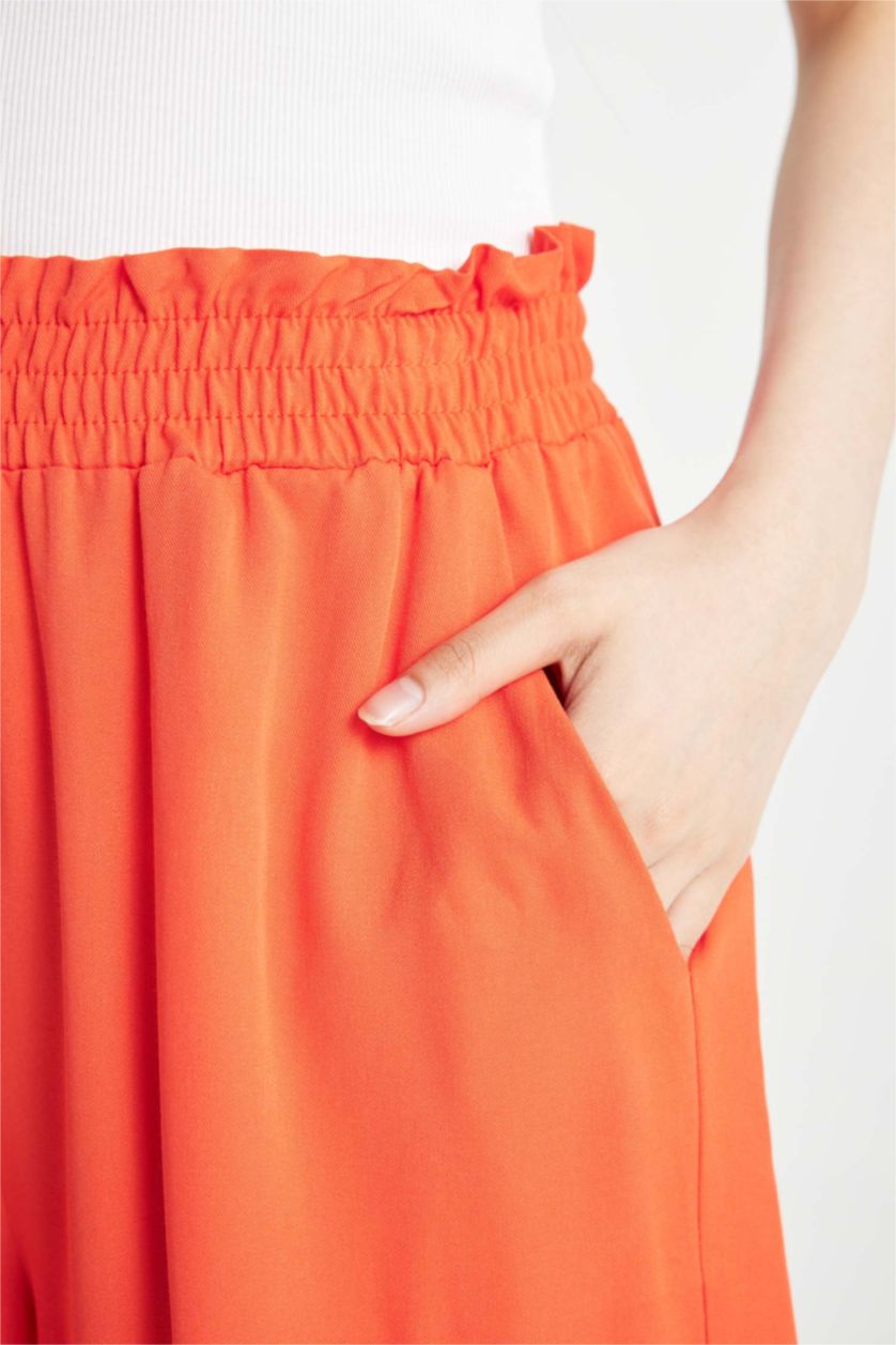 Kadın Mercan Paperbag Yüksek Bel Geniş Paça Belmando Şort