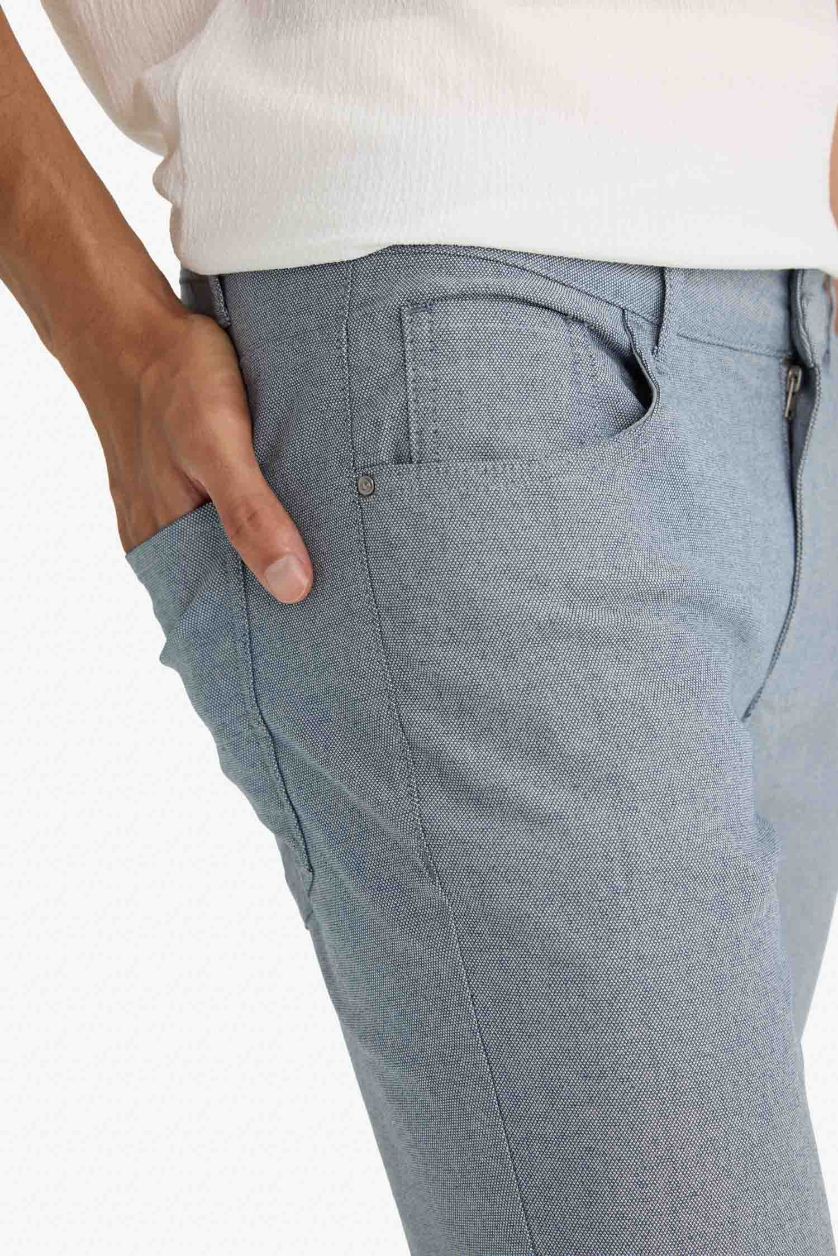 Erkek Açık İndigo Yazlık Chino Kanvas Dokulu Pantolon Slim Fit Dar Kesim Cepli Dar Paça