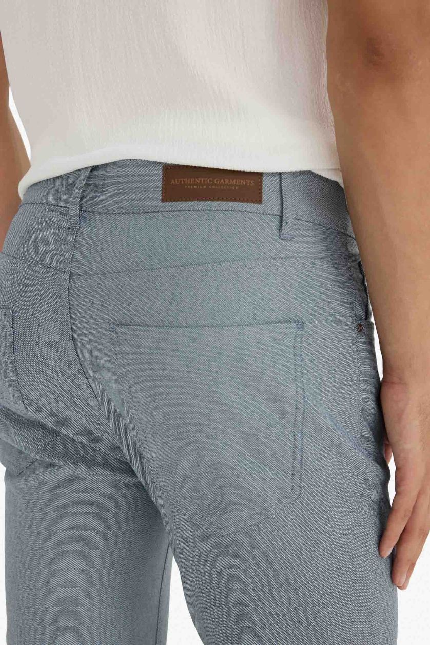 Erkek Açık İndigo Yazlık Chino Kanvas Dokulu Pantolon Slim Fit Dar Kesim Cepli Dar Paça