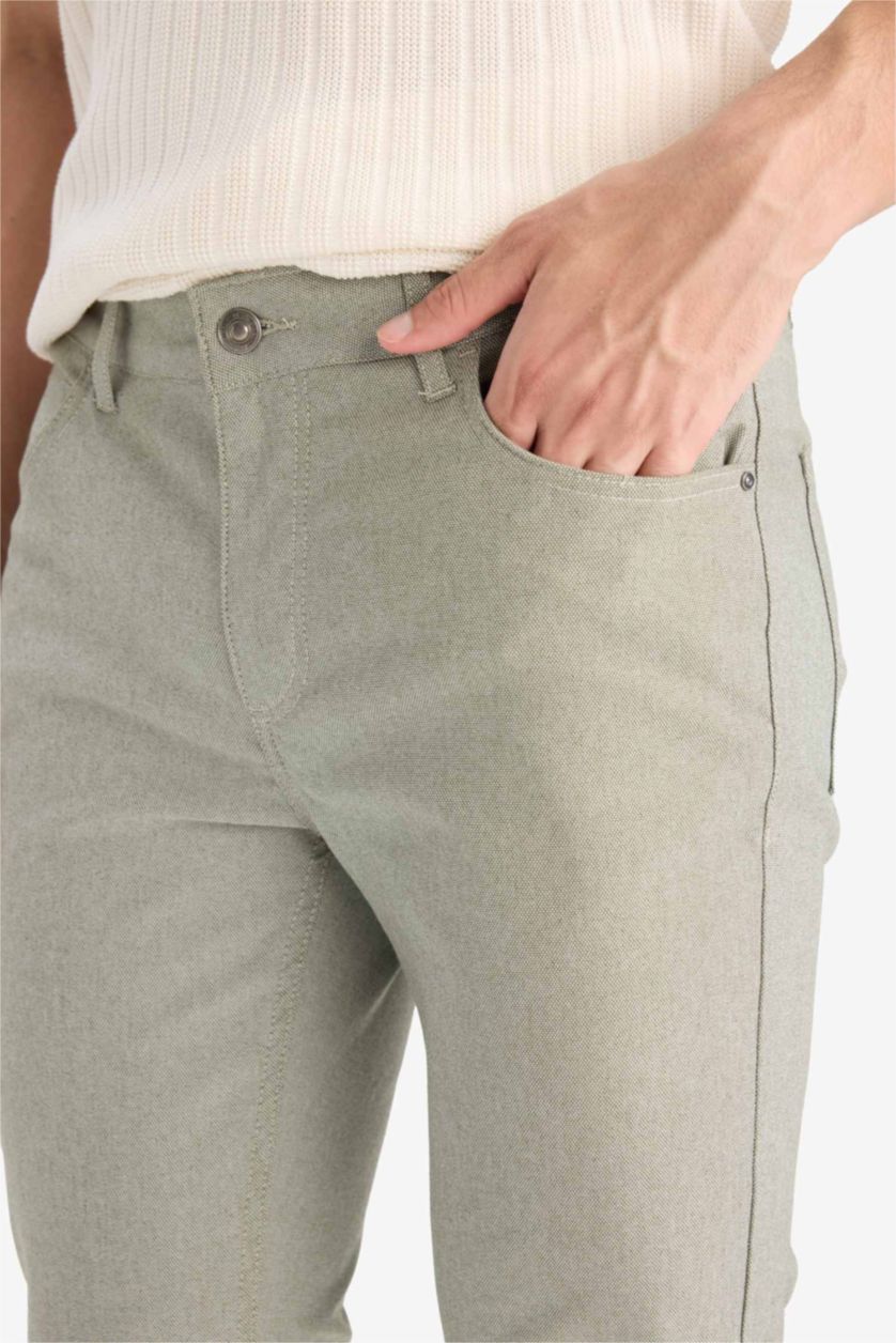 Erkek Haki Yazlık Chino Kanvas Dokulu Pantolon Slim Fit Dar Kesim Cepli Dar Paça