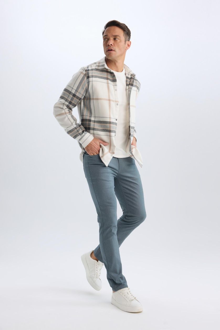 Erkek Lacivert Yazlık Chino Kanvas Dokulu Pantolon Slim Fit Dar Kesim Cepli Dar Paça