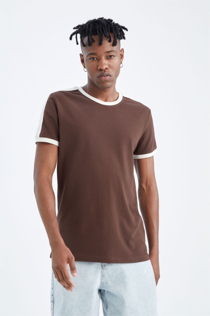 HOMME Marron T-shirt à manches courtes Piquer Coupe slim raccourcie