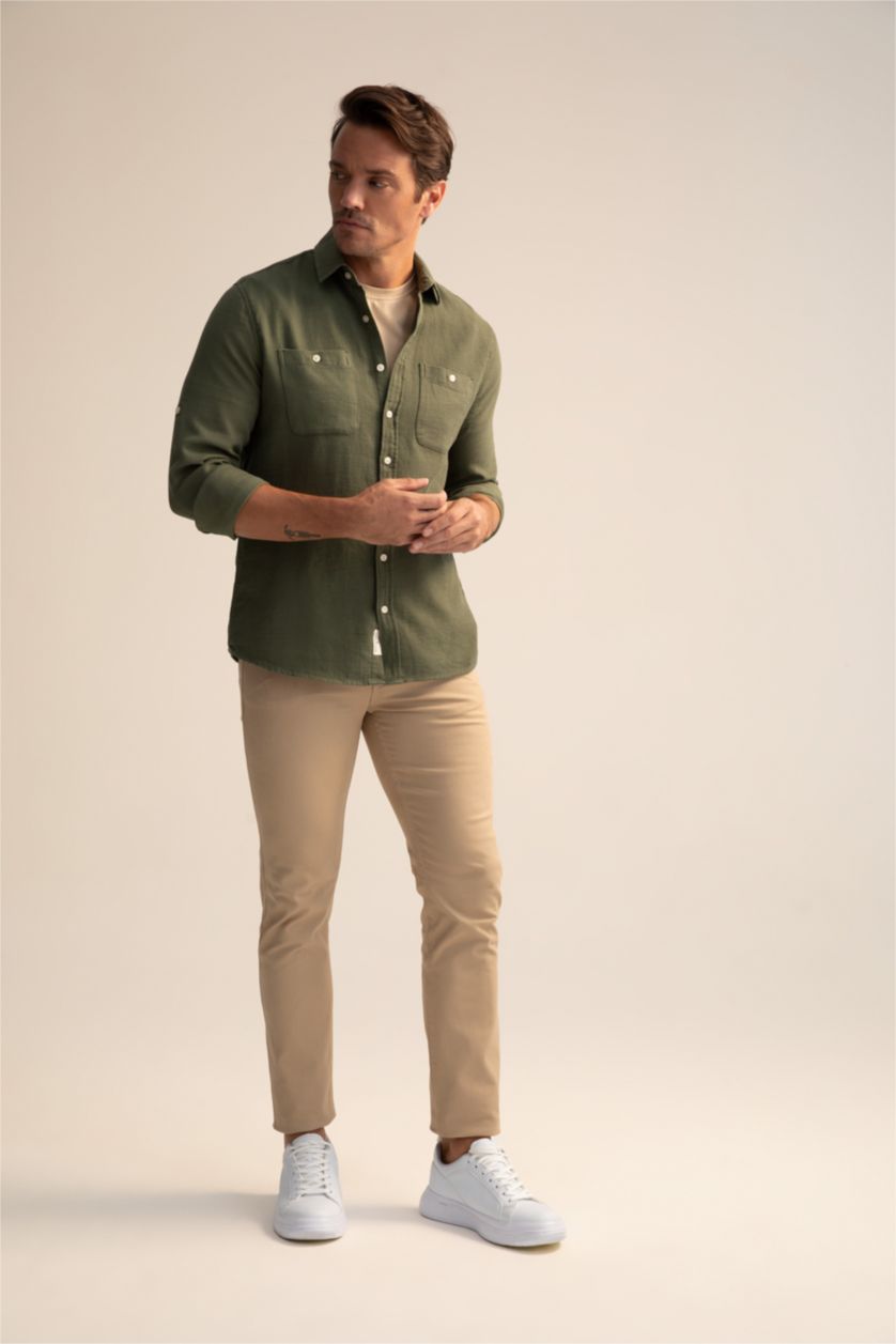 رجال كاكي Modern Fit Long Sleeve Shirt
