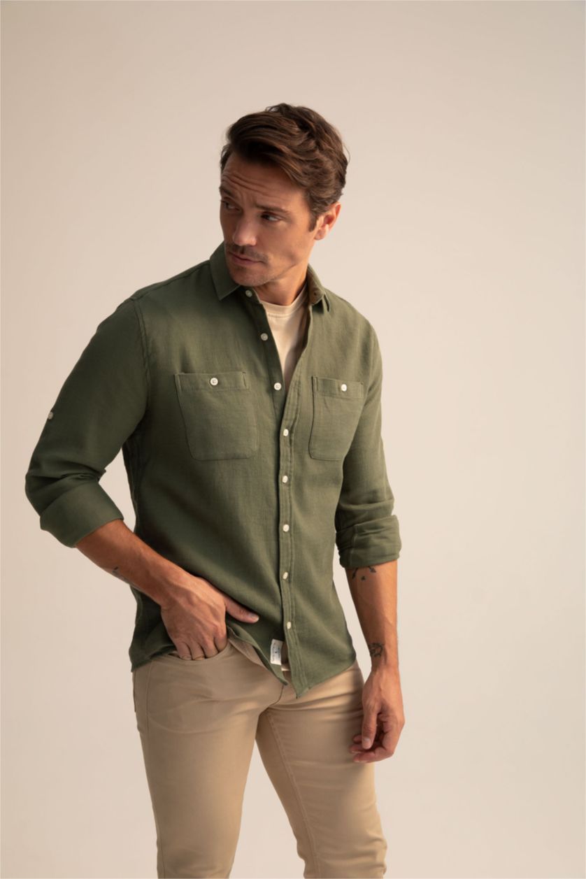 رجال كاكي Modern Fit Long Sleeve Shirt
