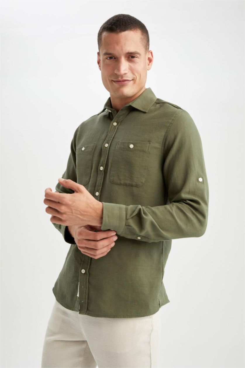 رجال كاكي Modern Fit Long Sleeve Shirt