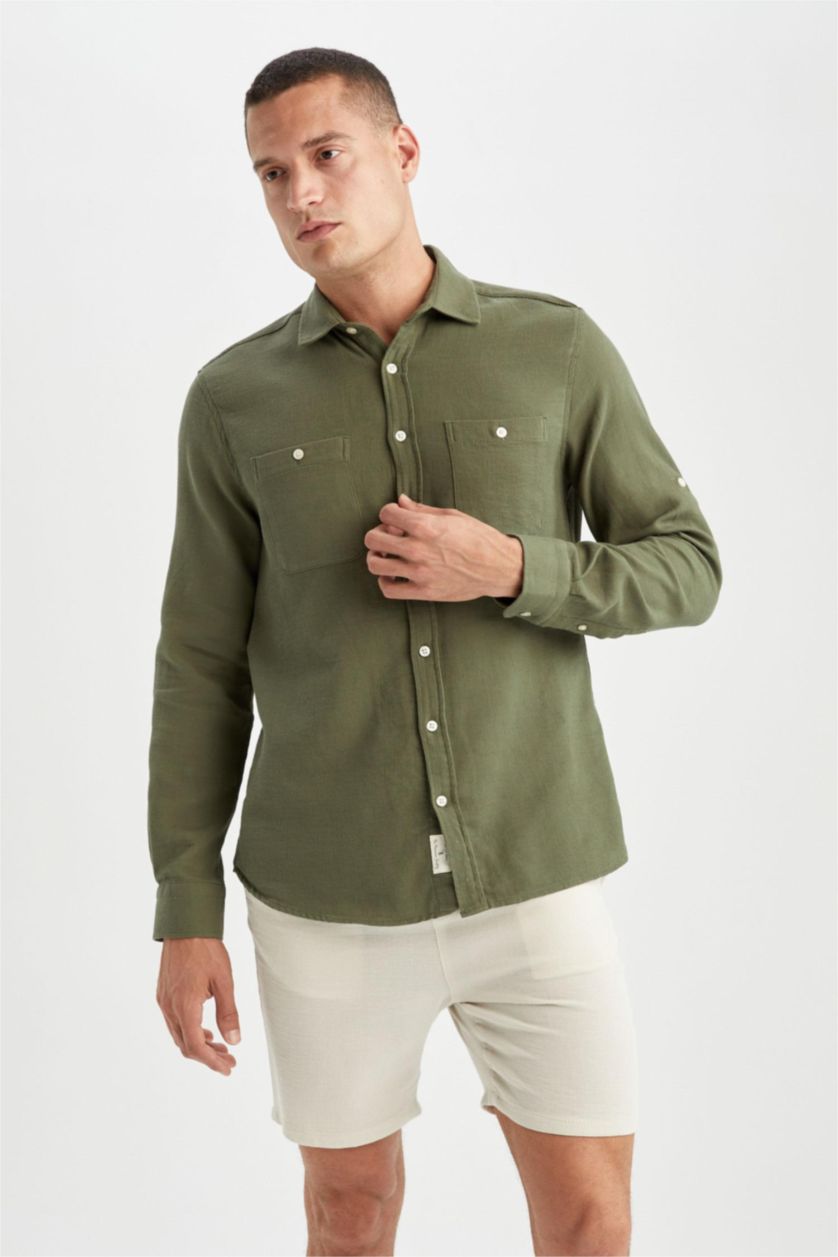 رجال كاكي Modern Fit Long Sleeve Shirt