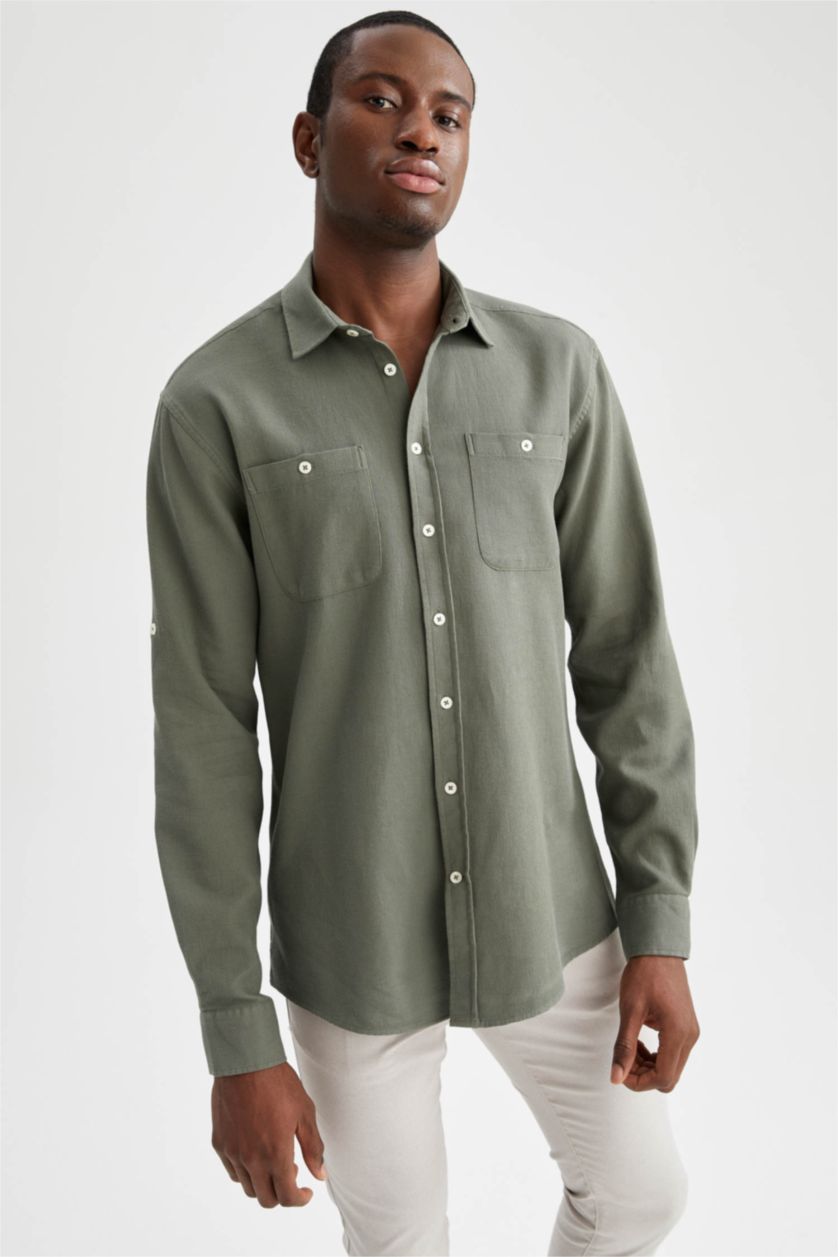 رجال كاكي Modern Fit Long Sleeve Shirt