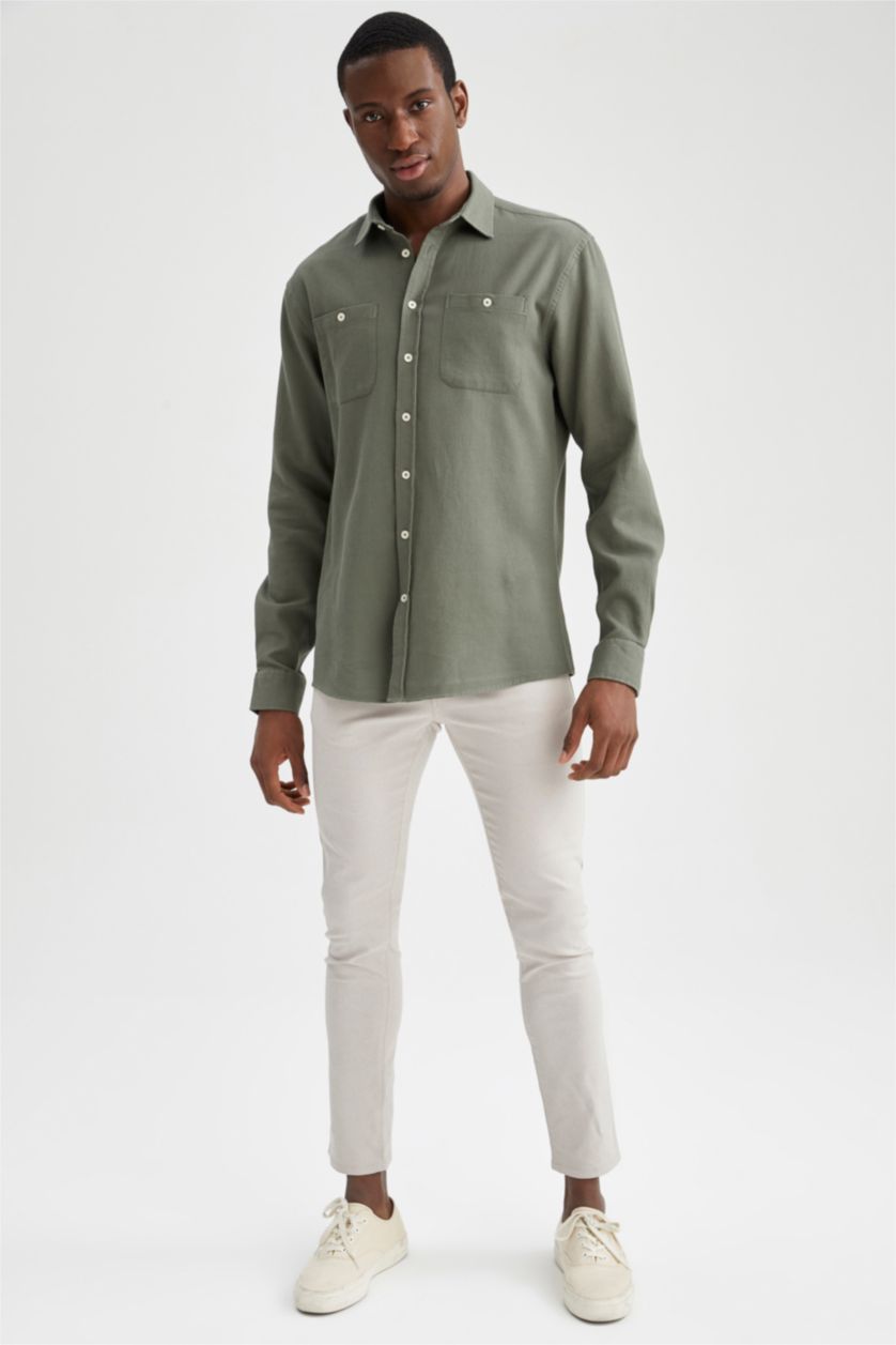 رجال كاكي Modern Fit Long Sleeve Shirt