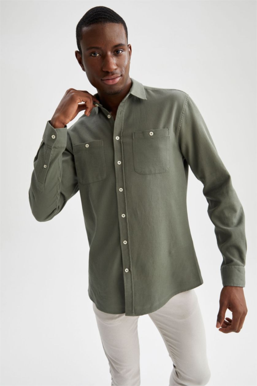 رجال كاكي Modern Fit Long Sleeve Shirt