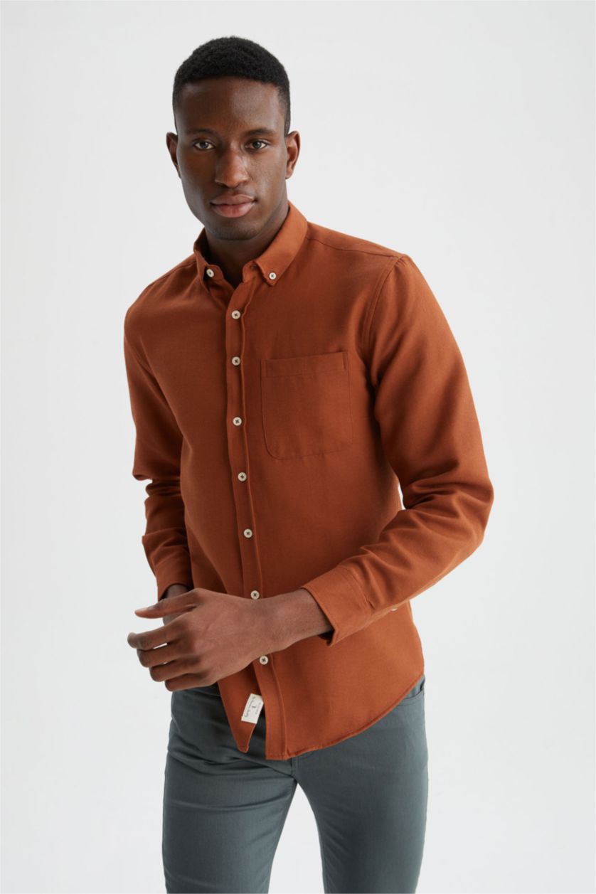 HOMME Marron Foncé Chemises à manches longues Coupe slim raccourcie