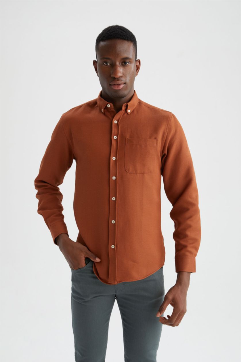 HOMME Marron Foncé Chemises à manches longues Coupe slim raccourcie
