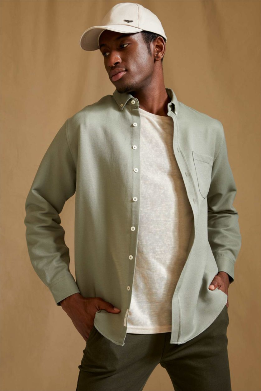 HOMME Kaki Chemise Slim en Coton à manches longues et à col polo