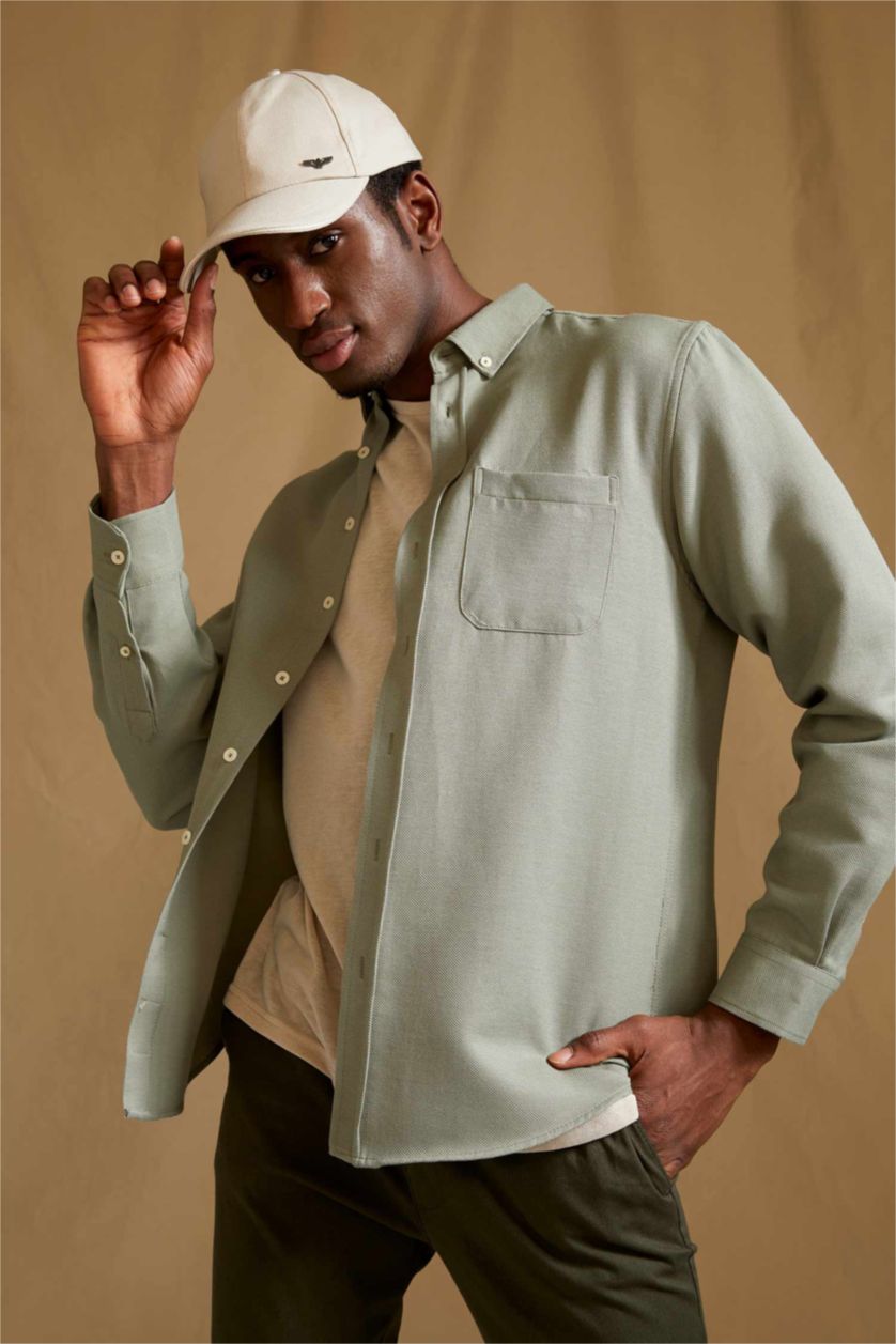 HOMME Kaki Chemise Slim en Coton à manches longues et à col polo