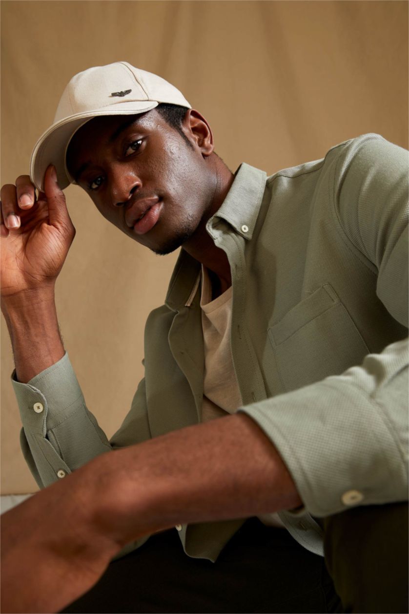 HOMME Kaki Chemise Slim en Coton à manches longues et à col polo