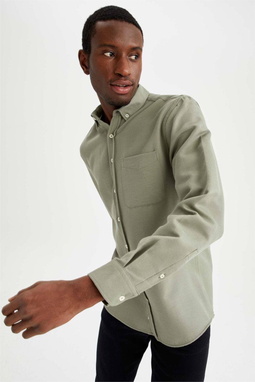 HOMME Kaki Chemise Slim en Coton à manches longues et à col polo