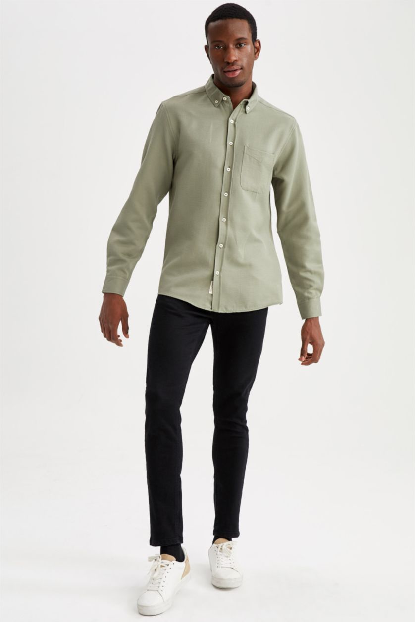 HOMME Kaki Chemise Slim en Coton à manches longues et à col polo