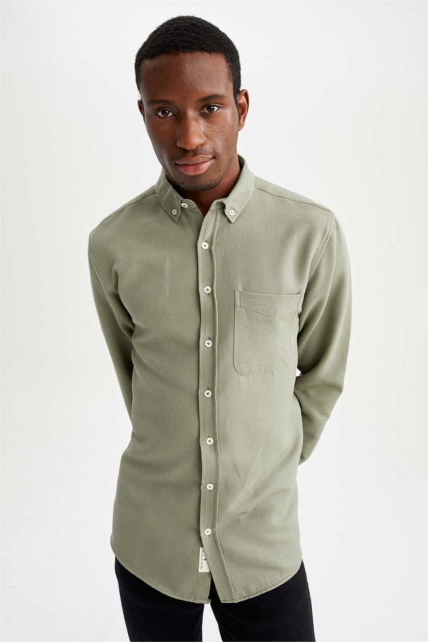 HOMME Kaki Chemise Slim en Coton à manches longues et à col polo