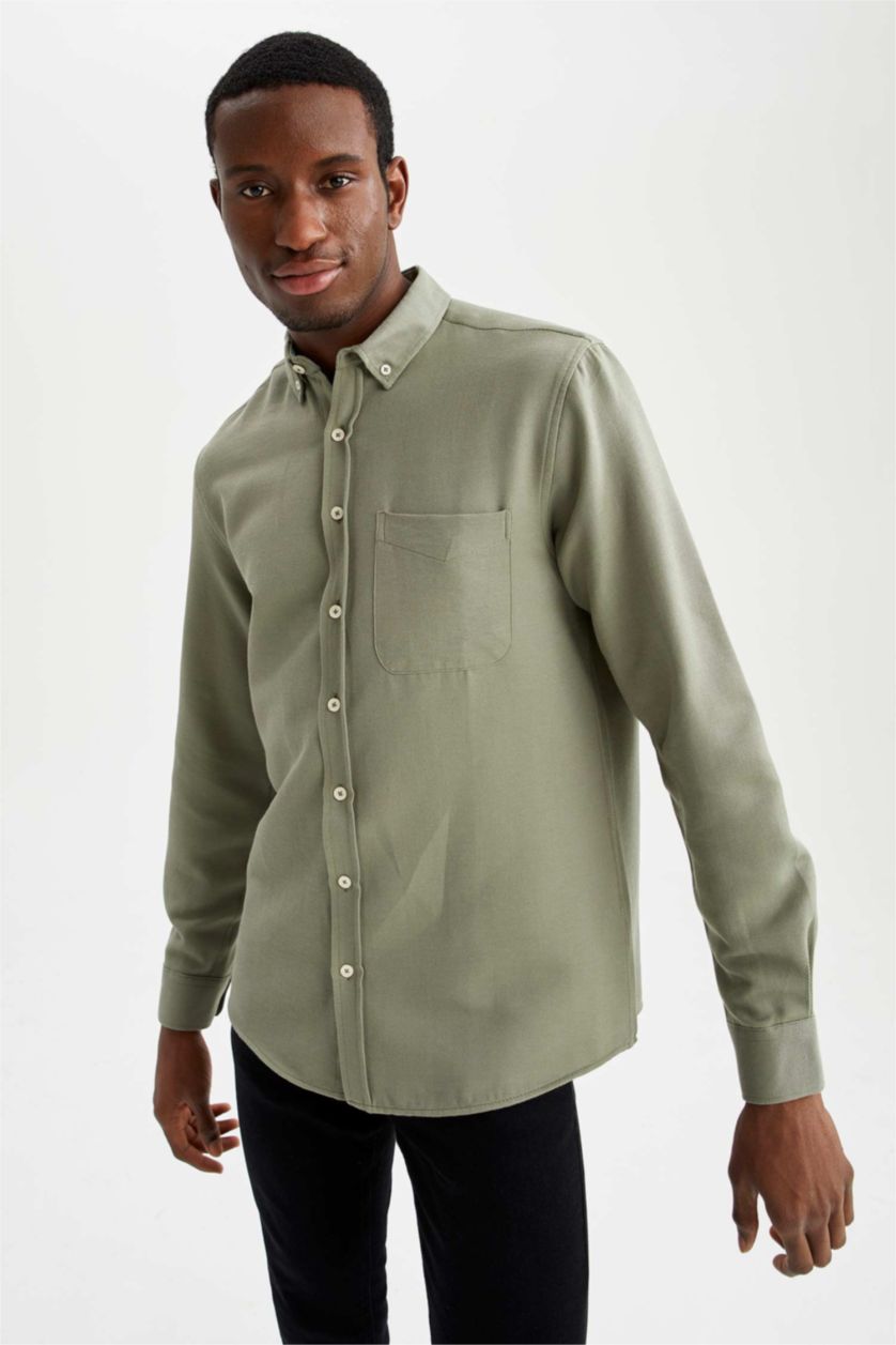 HOMME Kaki Chemise Slim en Coton à manches longues et à col polo