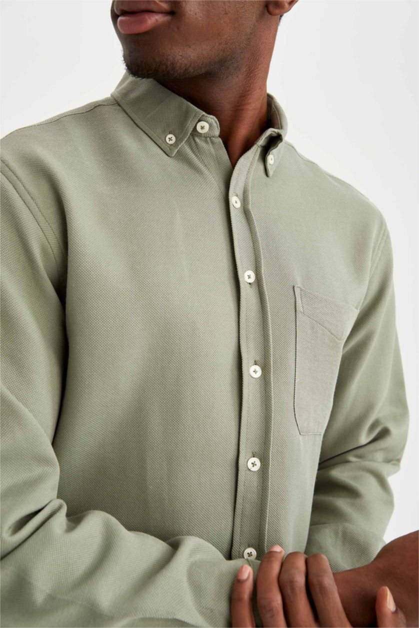 HOMME Kaki Chemise Slim en Coton à manches longues et à col polo
