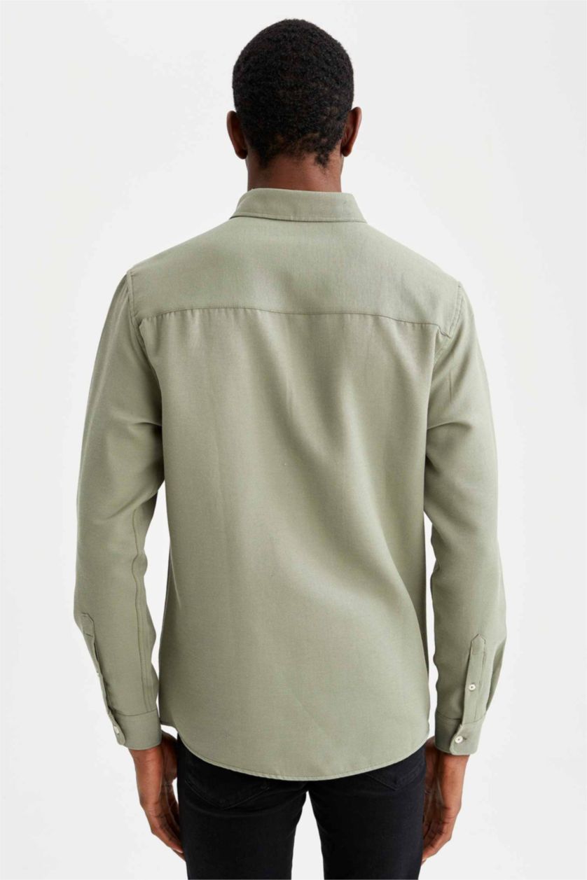 HOMME Kaki Chemise Slim en Coton à manches longues et à col polo