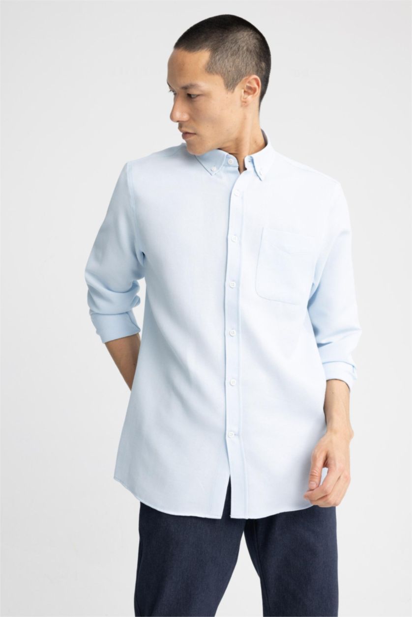 Мужчины Светло-синий Рубашка приталенного кроя с длинным рукавом