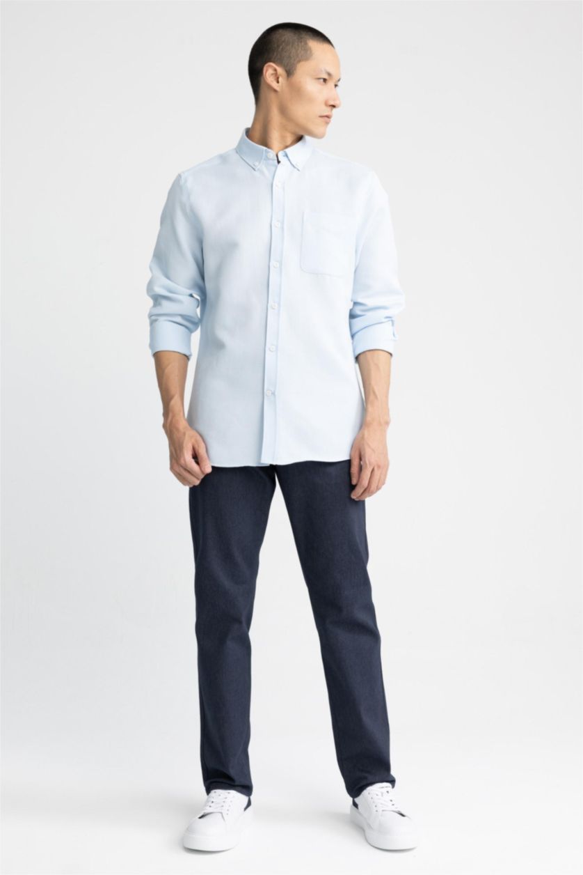 Мужчины Светло-синий Рубашка приталенного кроя с длинным рукавом