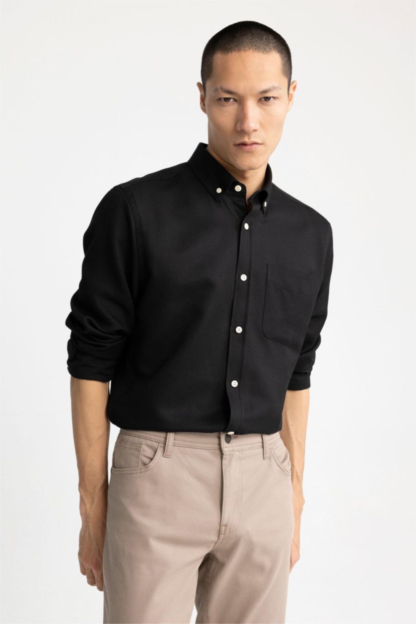 Мужчины Черный Рубашка приталенного кроя с длинным рукавом