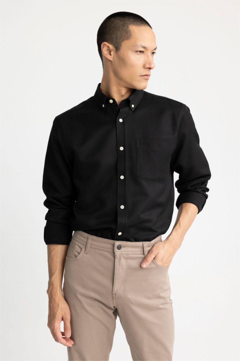 Мужчины Черный Рубашка приталенного кроя с длинным рукавом