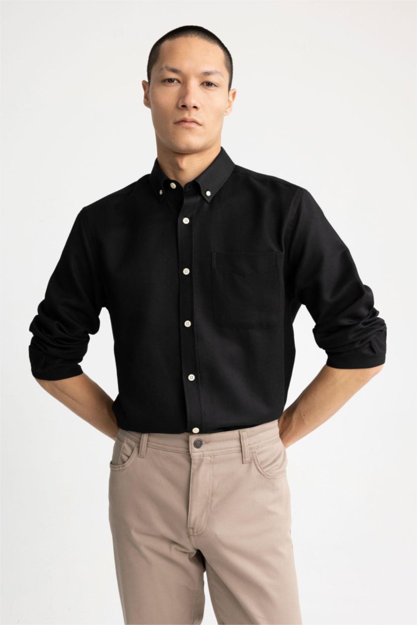 Мужчины Черный Рубашка приталенного кроя с длинным рукавом