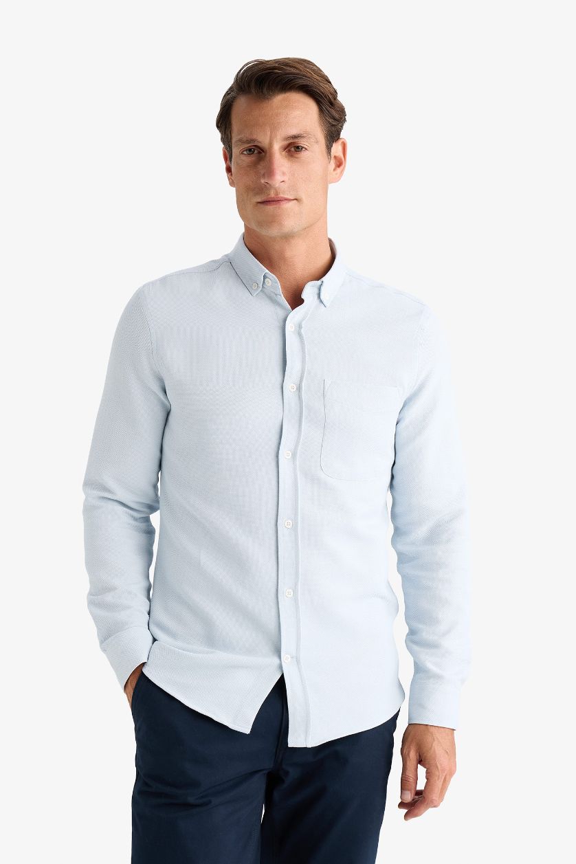 Erkek Açık Mavi Slim Fit Dar Kesim Polo Yaka Dokulu Uzun Kollu Siyah Gömlek