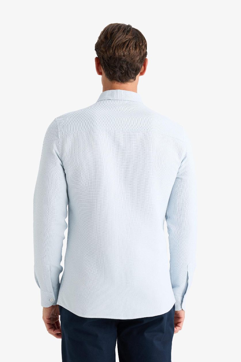 Erkek Açık Mavi Slim Fit Dar Kesim Polo Yaka Dokulu Uzun Kollu Siyah Gömlek