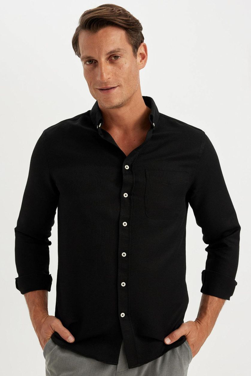 Erkek Siyah Slim Fit Dar Kesim Polo Yaka Dokulu Uzun Kollu Siyah Gömlek