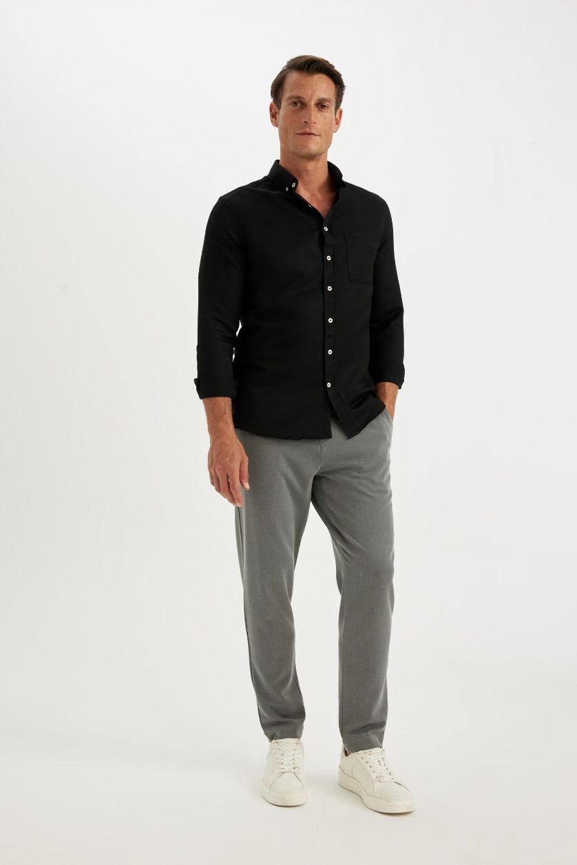 Erkek Siyah Slim Fit Dar Kesim Polo Yaka Dokulu Uzun Kollu Siyah Gömlek