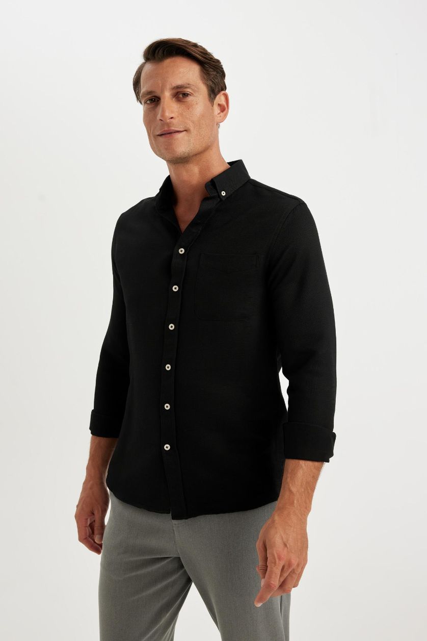 Erkek Siyah Slim Fit Dar Kesim Polo Yaka Dokulu Uzun Kollu Siyah Gömlek