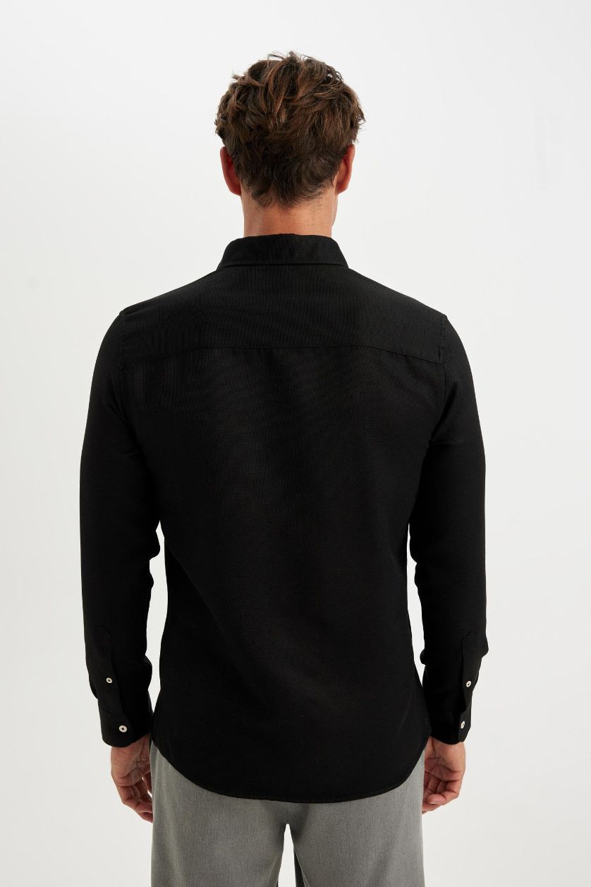 Erkek Siyah Slim Fit Dar Kesim Polo Yaka Dokulu Uzun Kollu Siyah Gömlek